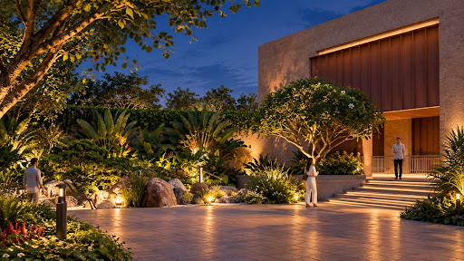 Illuminated grand entrance and stone facade of Nirva Convention banquet pavilion at dusk