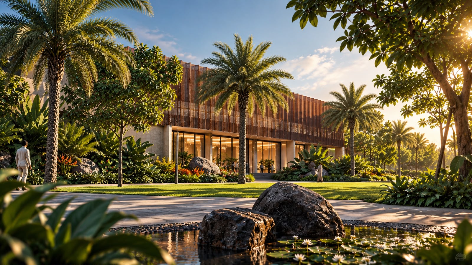 Nirva Convention organic pool and landscaped garden view at Gandipet