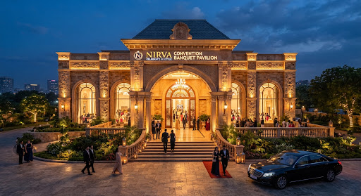 Illuminated grand entrance and stone facade of Nirva Convention banquet pavilion at dusk
